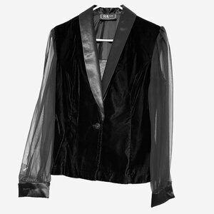 Dressy black velvet tuxedo style top with sheer long sleeves & satin collar